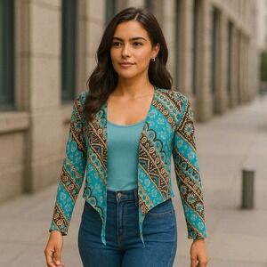 Check it Out Vibrant Tribal Print Kimono Style‎ Jacket Shades blue brown black M